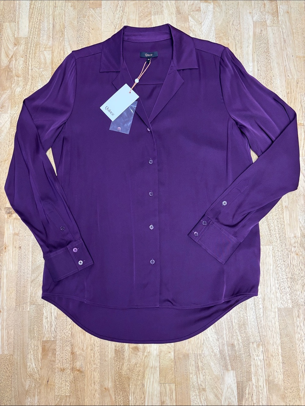 Quince Washable Stretch Silk Notch Collar Blouse Deep Orchid Purple Medium M NWT